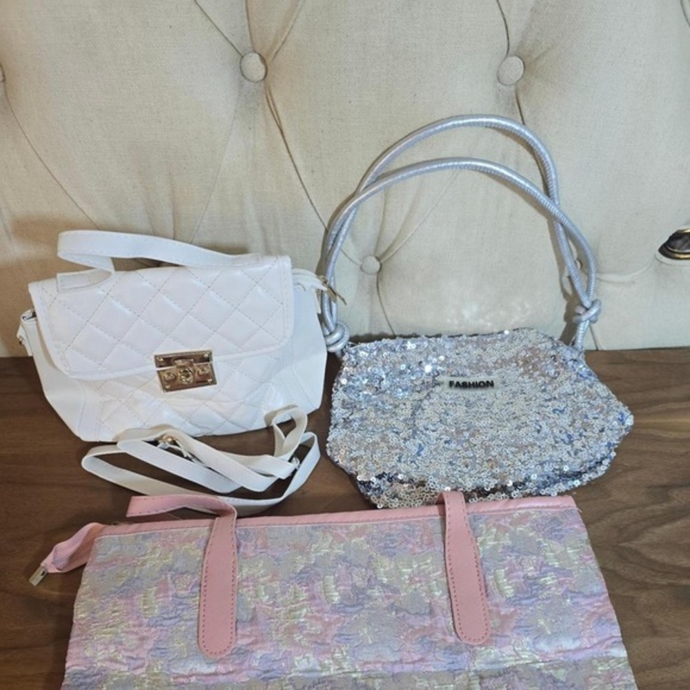 Lot of 3 women's handbags – white quilted, silver sequin & pink floral